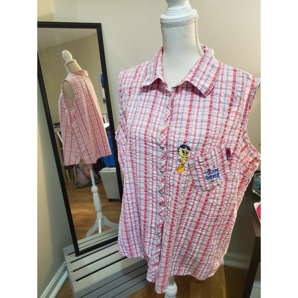 Vintage Looney Tunes Tweety Bird Plus Size Plaid Button Front Tank Top 22/24W